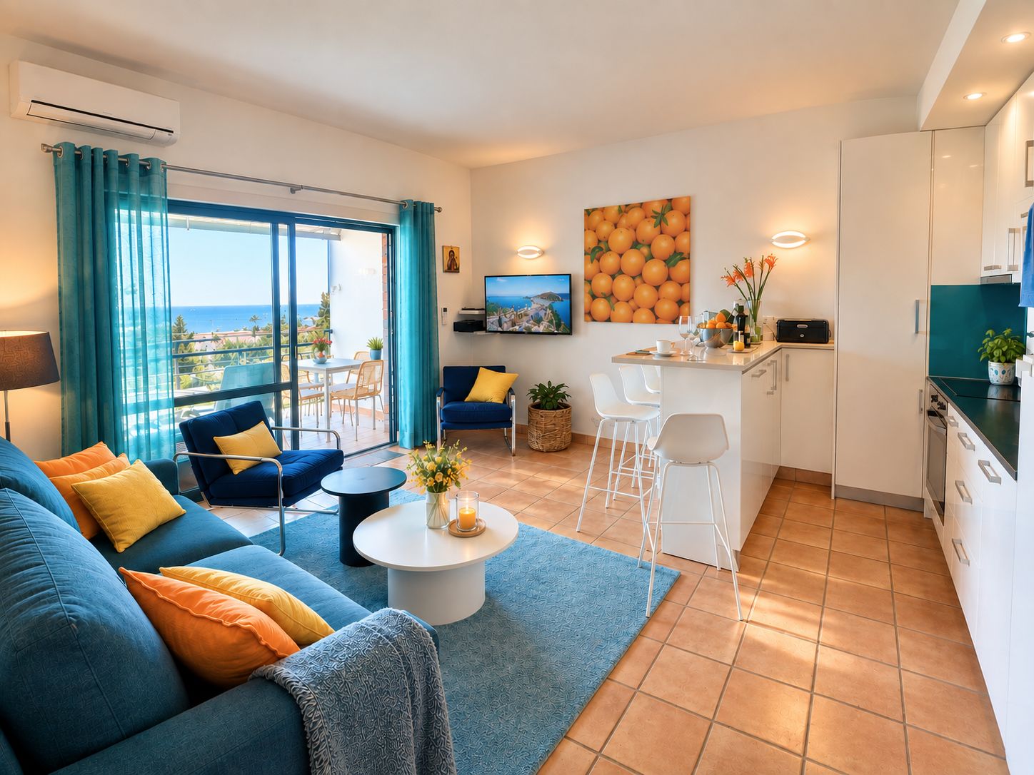 A modern living room with a sofa, coffee table, and a view of the sea.