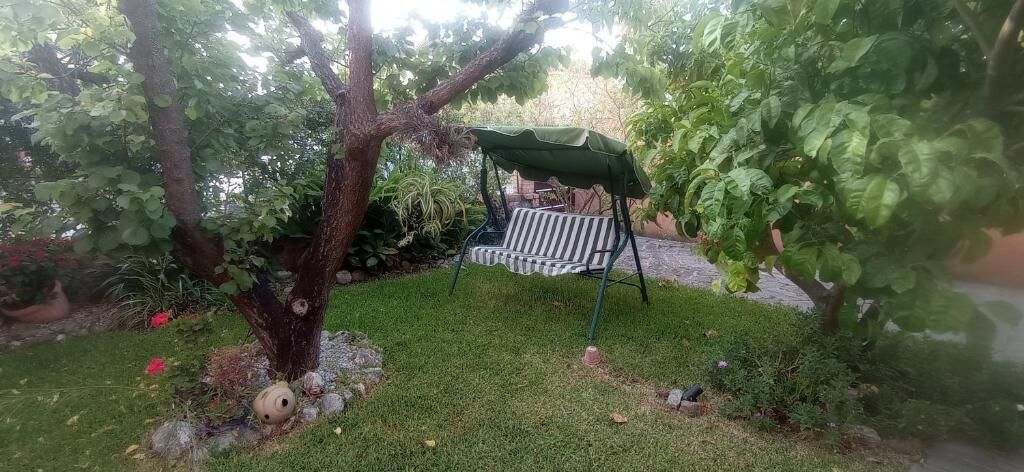 Un jardín con una silla mecedora bajo un árbol, rodeado de césped y plantas.