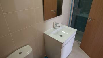A bathroom with a toilet, sink, mirror, and shower area.