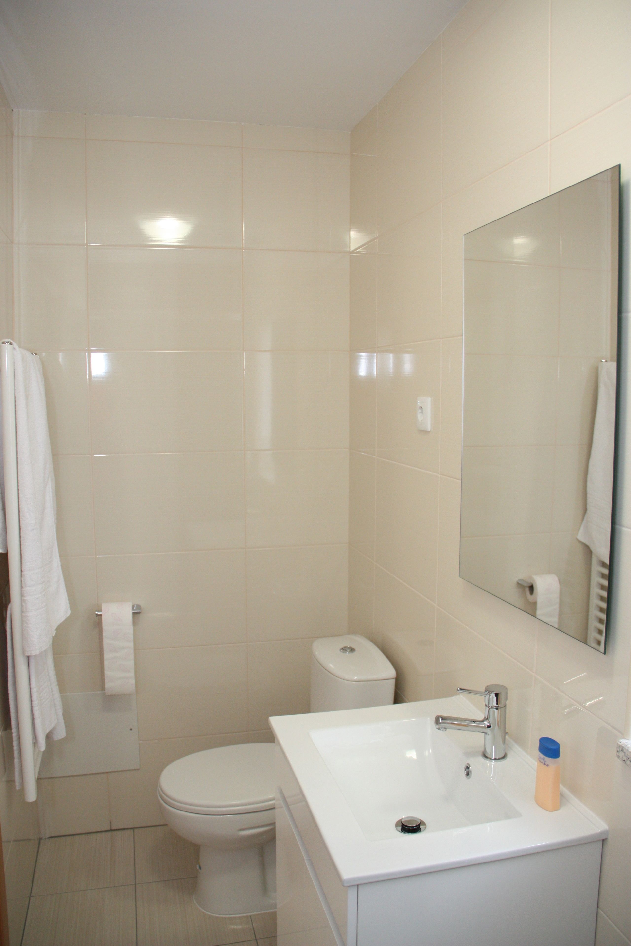 A bathroom with a toilet, sink, and mirror.