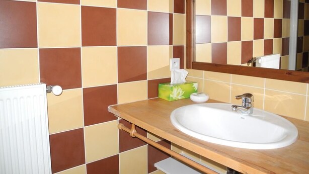 A bathroom with a checkered tile wall, a white sink, a wooden vanity, and a mirror. - Chambres d'hôtes du Plateau de la Danse (Saint-Etienne)