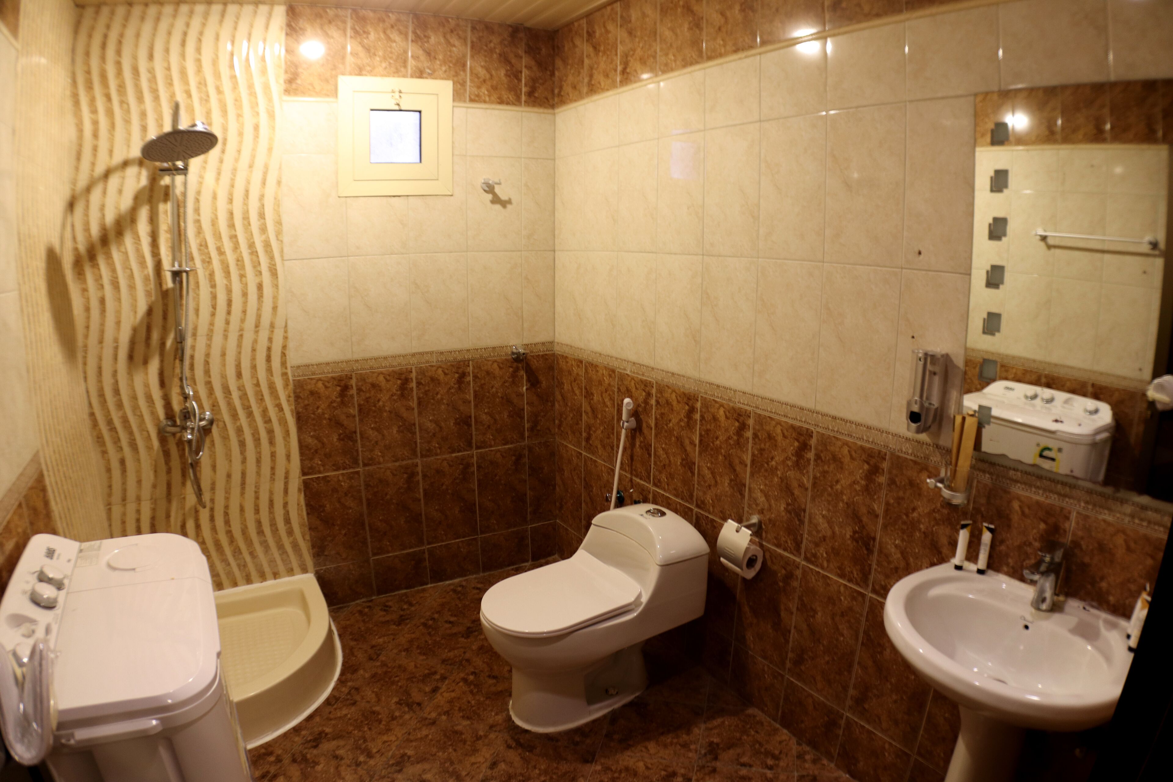 A bathroom with a shower, toilet, sink, and a mirror.