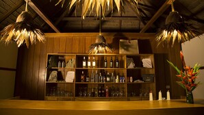 A bar area with wooden shelves stocked with bottles and glasses, a thatched ceiling, and a decorative plant.