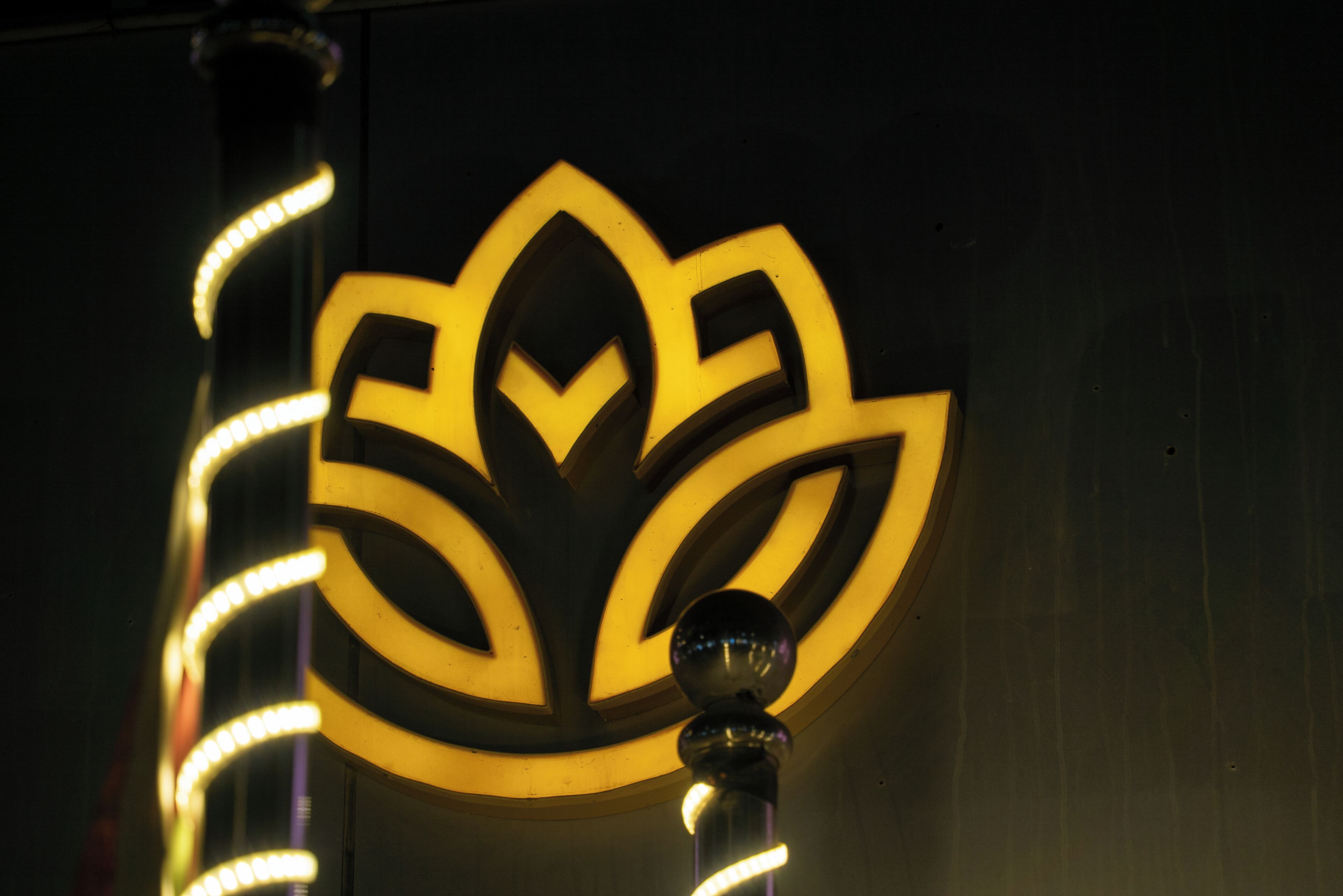 Een verlicht lotusbloem embleem op een gevel.