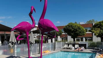 Outdoor pool, open 9:00 AM to 8:00 PM, sun loungers