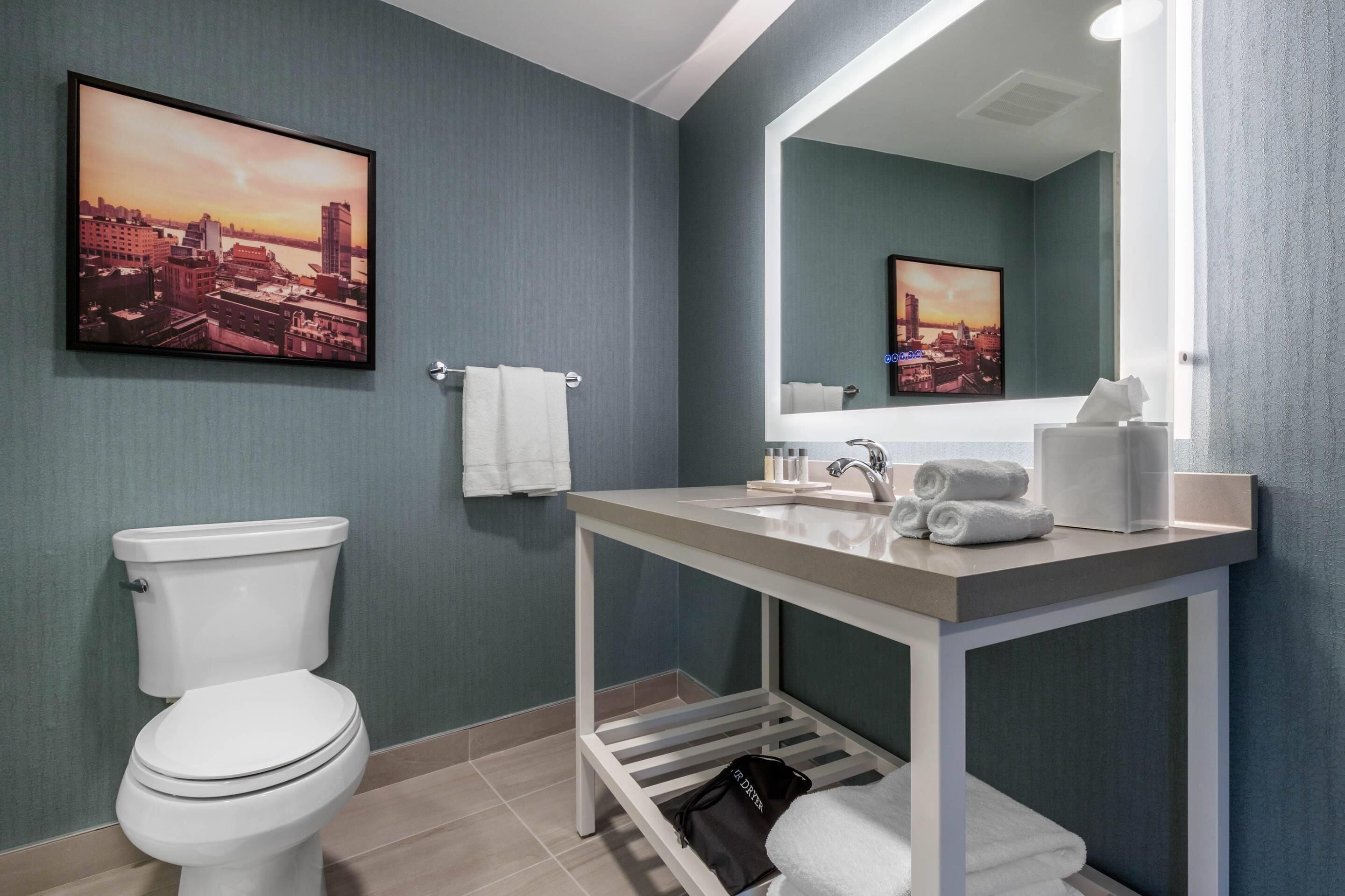 A modern bathroom with a toilet, sink, and mirror.