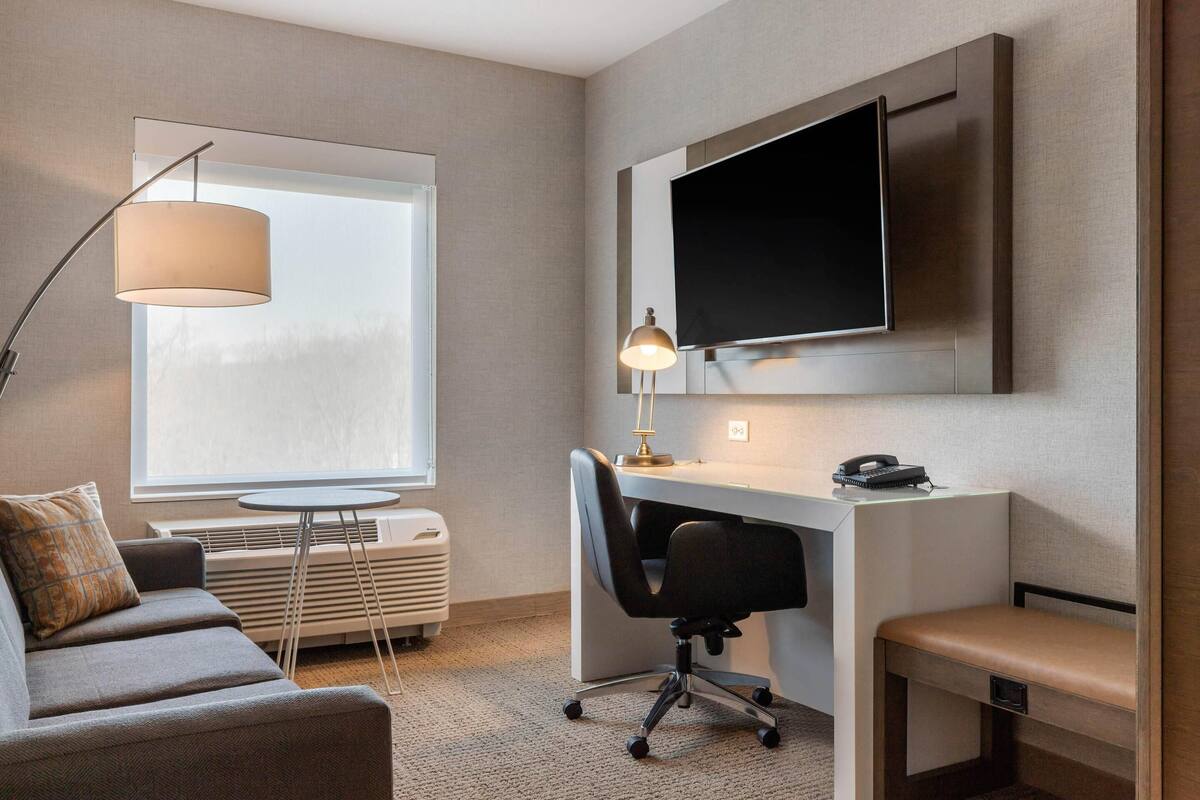 1 King Bed, 1 Bedroom Suite with Sofa | Ylelliset vuodevaatteet, tallelokero huoneessa, työpöytä
