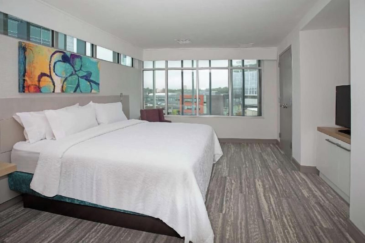 Habitación de hotel con una cama grande, televisión, un cuadro en la pared y vistas a edificios a través de la ventana.