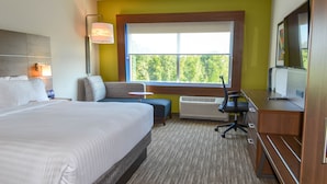 Quarto de hotel com cama grande, escrivaninha, cadeira, sofá, janela com vista para árvores e televisão de tela plana.