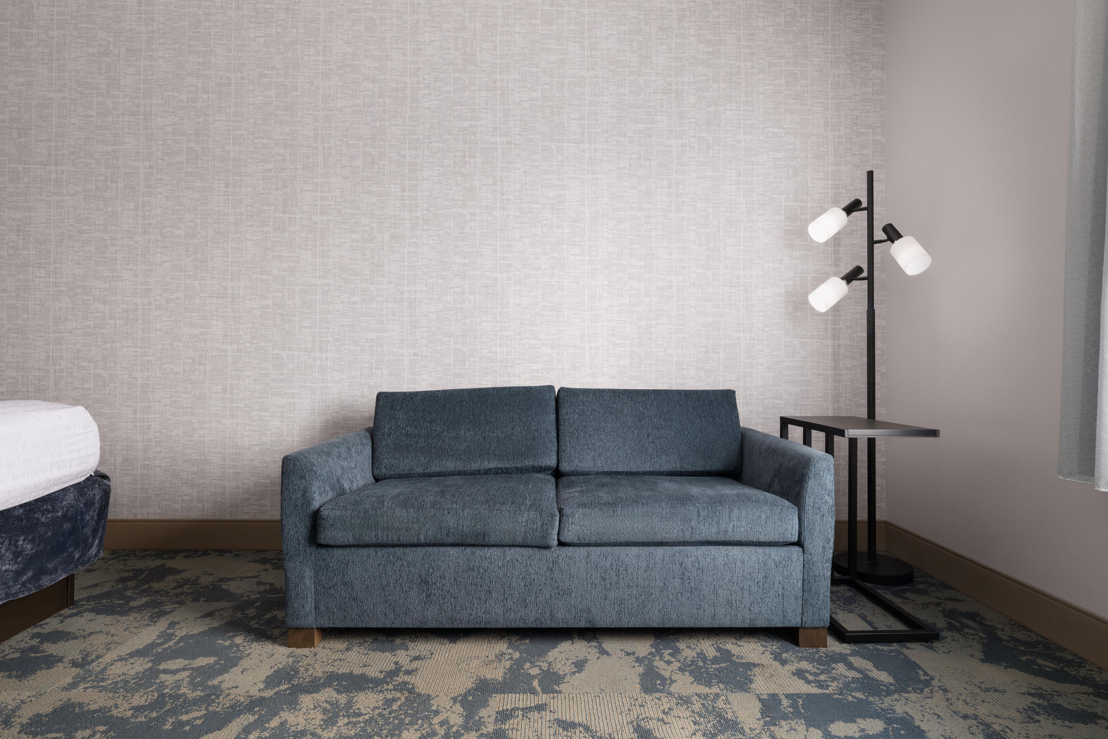 A room with a sofa, a lamp, and a bed.