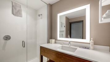 A modern bathroom with a glass shower enclosure, a wooden vanity, and a large mirror.