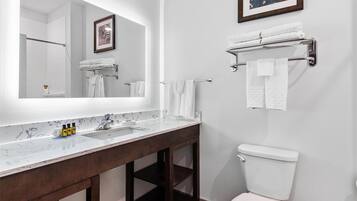 A bathroom with a white toilet, a large mirror, a marble sink, and a towel rack.