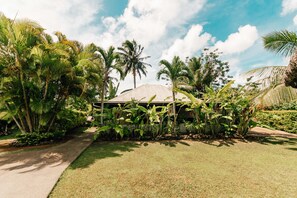 A tropical garden with a pathway leading to a building with a tiled roof. - Arcadia Retreat Rarotonga (Rarotonga)