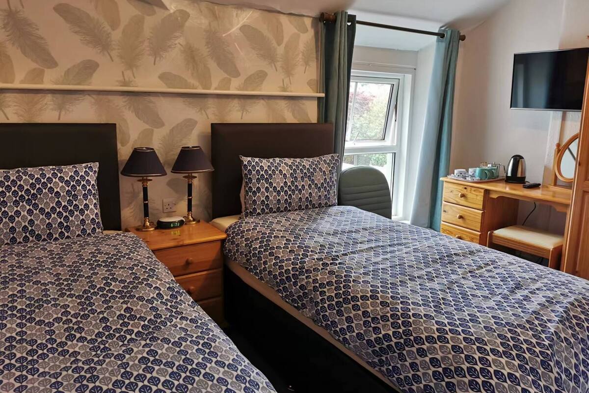 A hotel room with two beds, a desk, a chair, a TV, and a window with curtains.