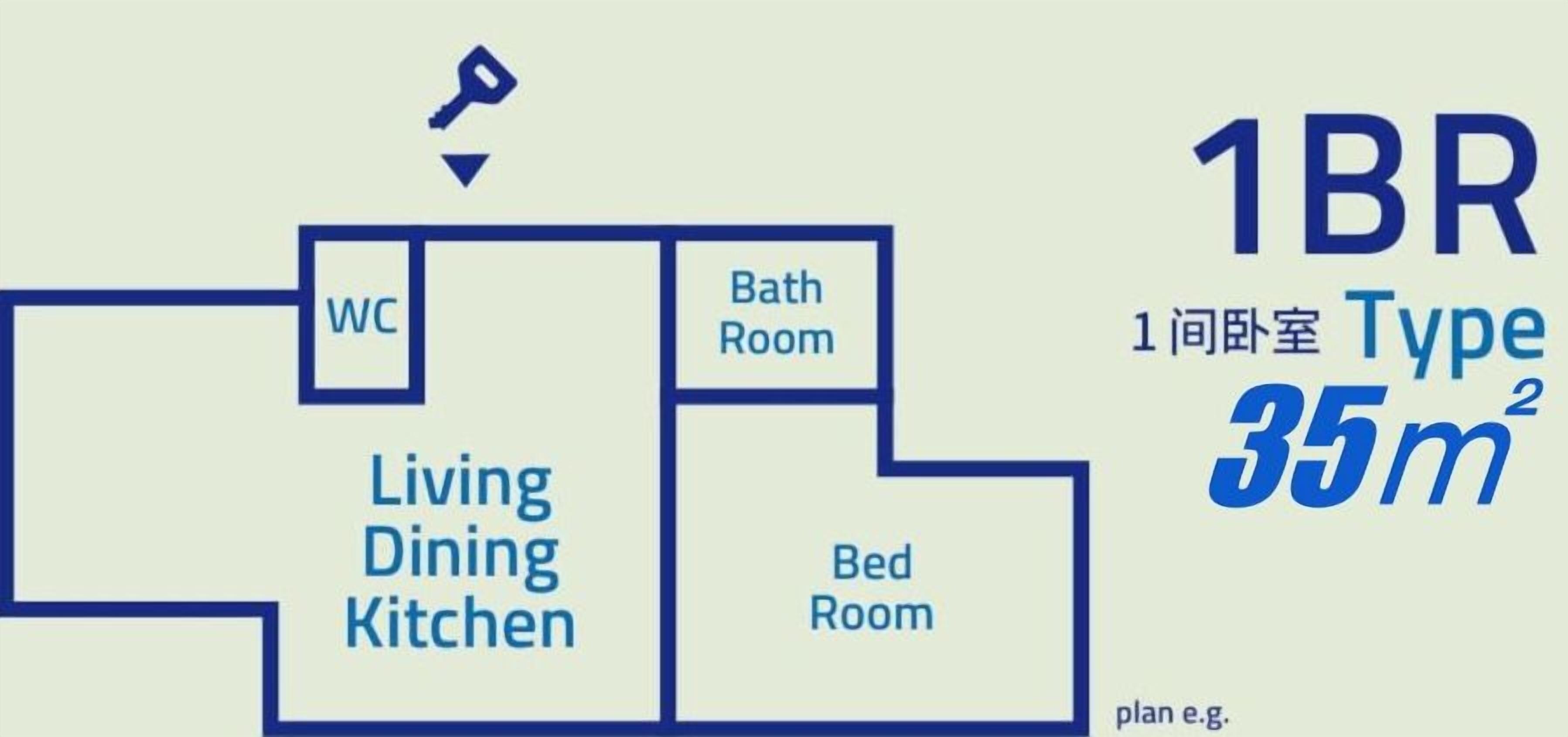 A floor plan of a 1BR apartment with a living/dining/kitchen area, a bathroom, and a bedroom, totaling 35 square meters.