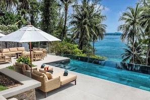 Outdoor pool, pool umbrellas, pool loungers