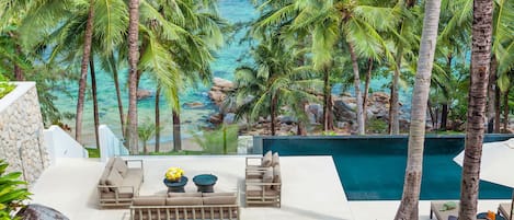 Outdoor pool, pool umbrellas, pool loungers