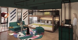Habitación cuádruple Deluxe, no fumadores | Caja fuerte, escritorio, wifi gratis y decoración individual