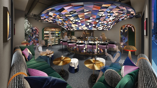 A modern interior with a geometric ceiling design, a bar area, and plush seating. - NOCTIS Akihabara-Suehirocho (Tokyo)