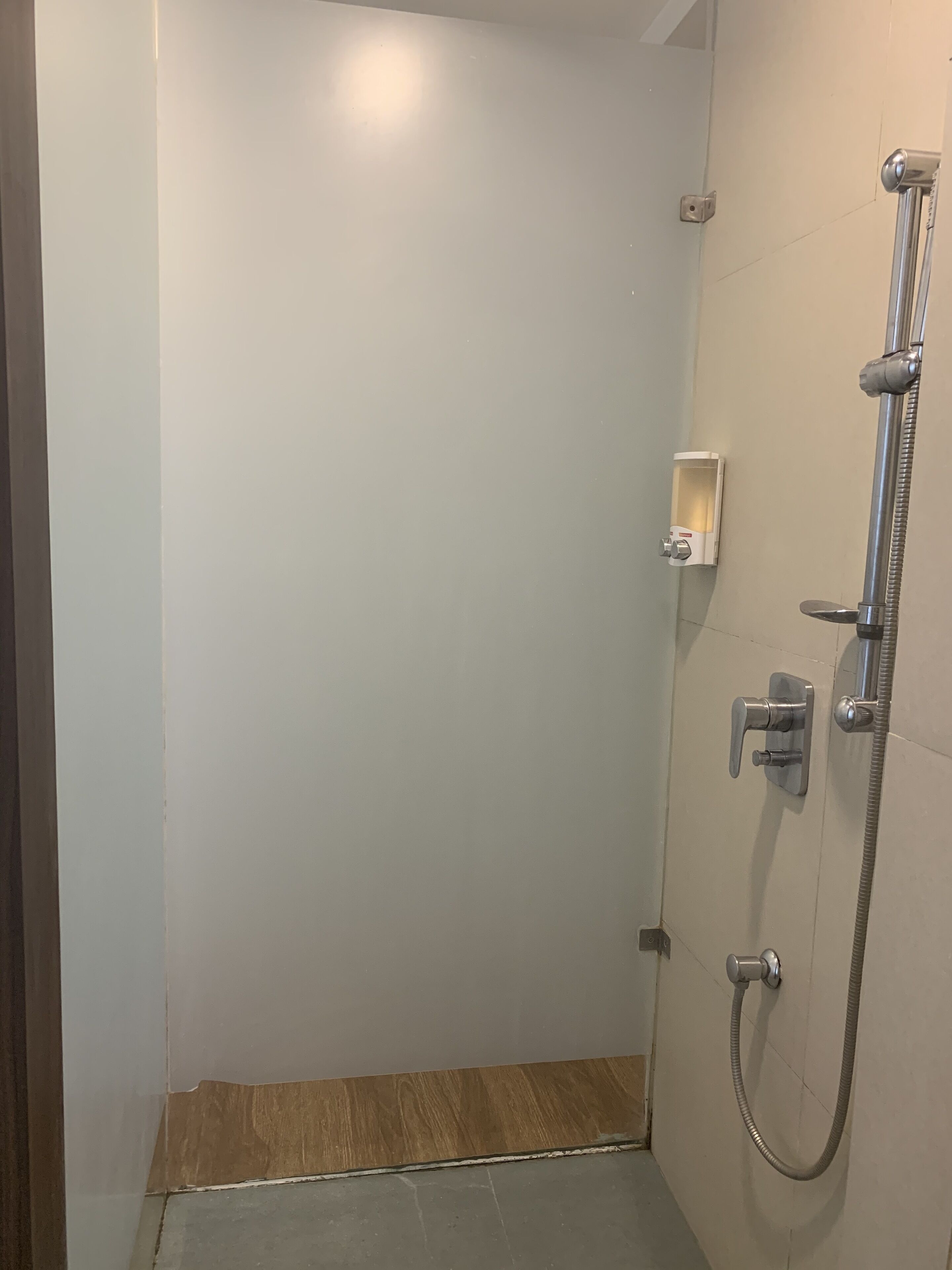 A bathroom with a shower, a toilet, and a soap dispenser on the wall.