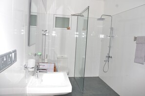 Shower, rainfall showerhead, free toiletries, hair dryer