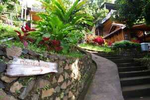 Un muro de piedra con un letrero que indica un espacio para yoga en la naturaleza, rodeado de exuberante vegetación y una escalera de madera que lleva a un edificio.