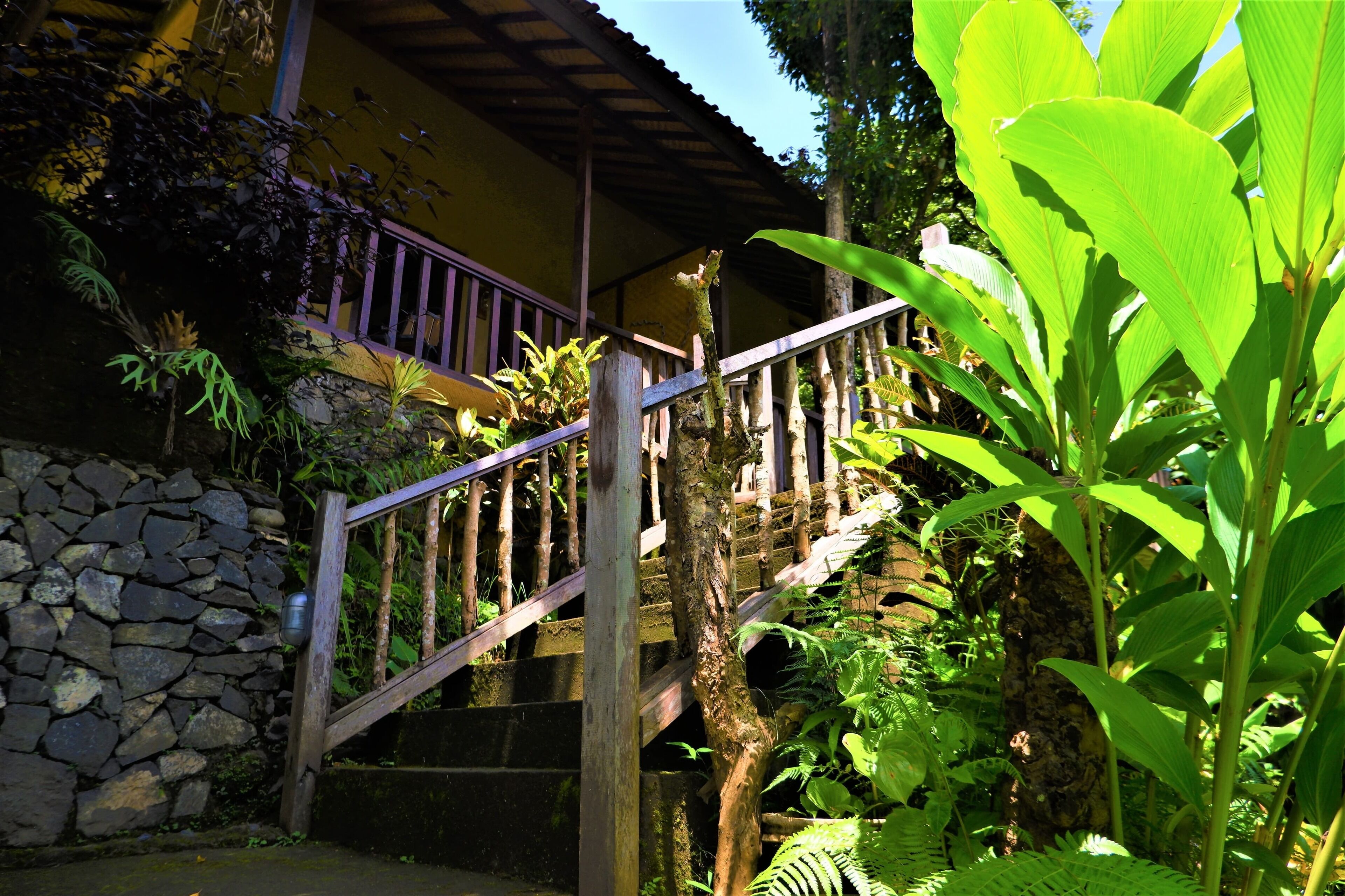 A wooden staircase leading to a covered porch with a stone wall on one side.