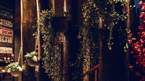 A hallway with wooden pillars, hanging plants, and a red flower arrangement. - Zhangjiajie Shi Guang Zhi Wai Boutique Hotel (Zhangjiajie)