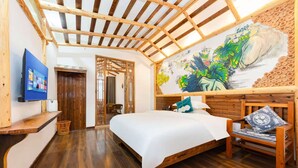 A bedroom with a wooden ceiling, a bed with white bedding, a wooden chair, and a wall mural. - Zhangjiajie Shi Guang Zhi Wai Boutique Hotel (Zhangjiajie)