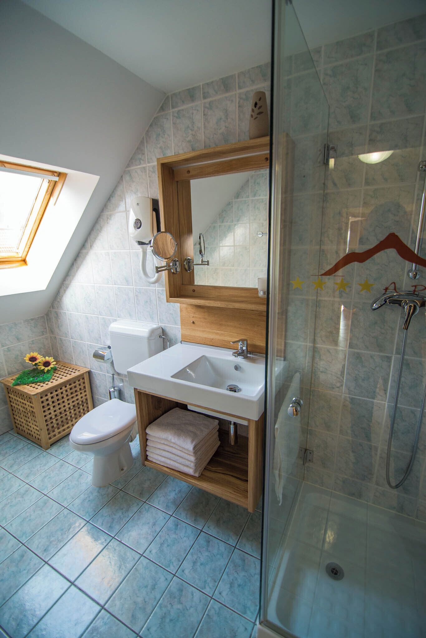 A bathroom with a skylight, a toilet, a sink, a shower, and a wooden vanity.