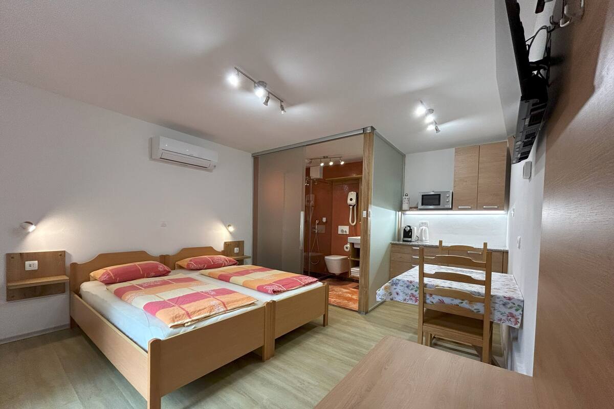 A compact bedroom with two beds, a small kitchenette, and a bathroom.