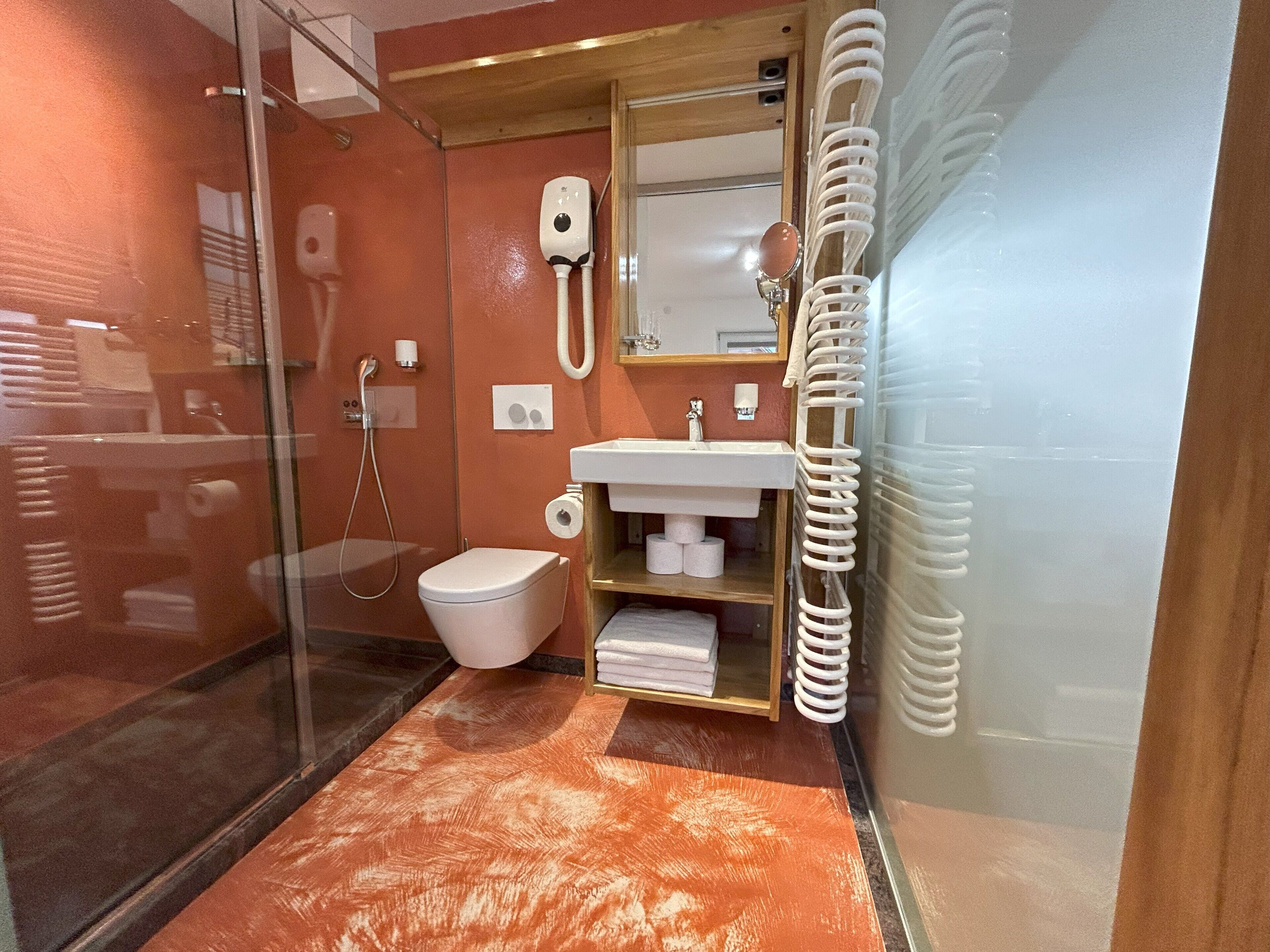A modern bathroom with a glass shower enclosure, a toilet, a sink with a mirror, and a towel rack.