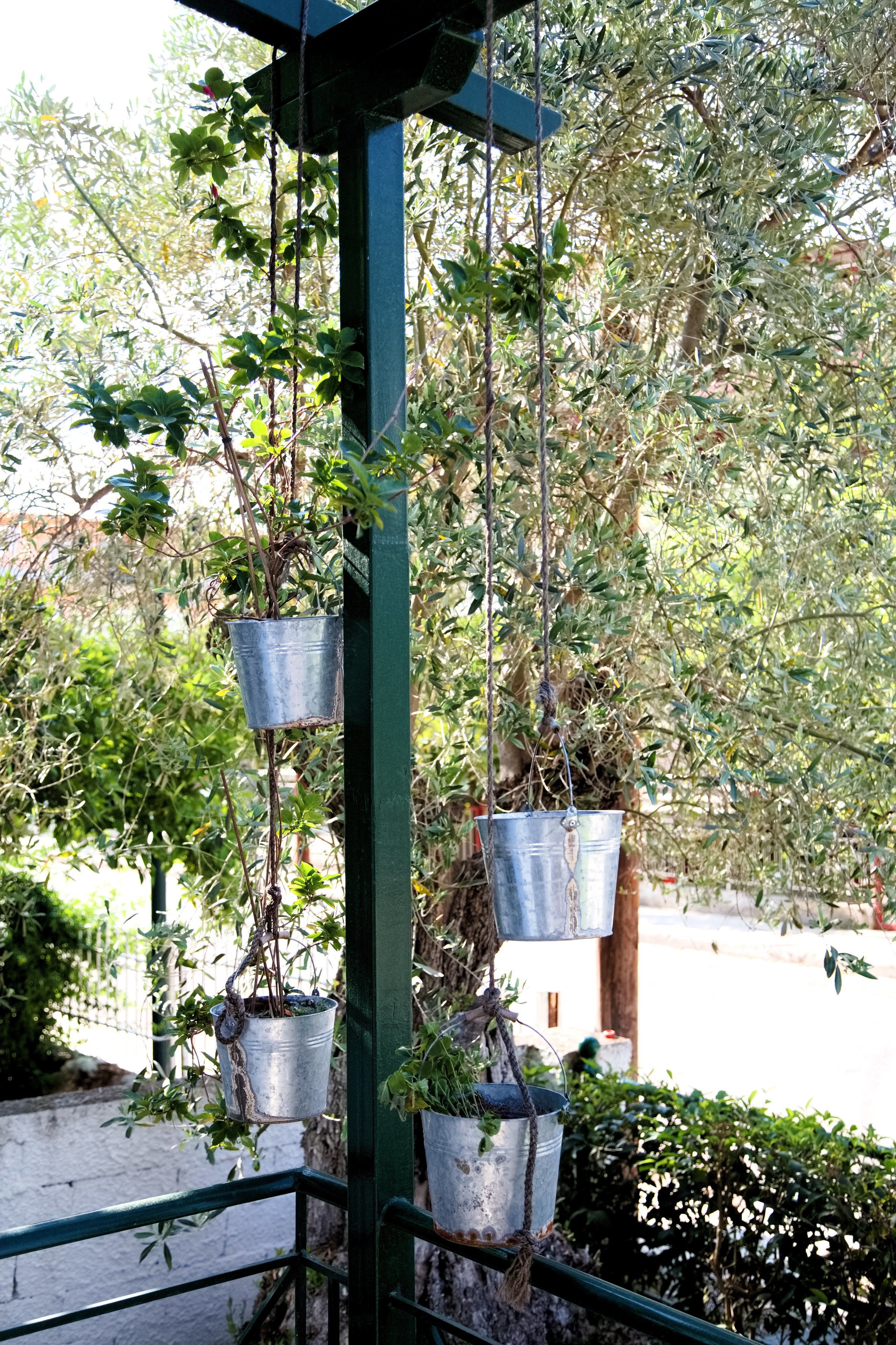 Una estructura metàl·lica amb testos penjants plents de plantes verdes.