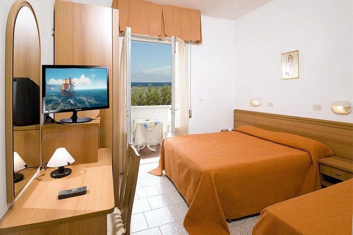 A hotel room with a bed, a desk with a TV, a mirror, and a window with a view of the sea.