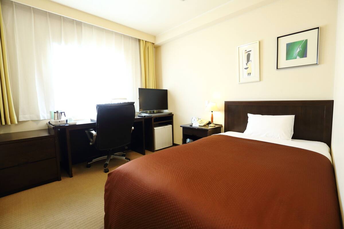 A hotel room with a bed, desk, chair, TV, lamp, and artwork on the wall.