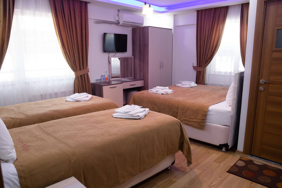 Une chambre d’hôtel avec deux lits, un bureau, une télévision et une armoire.
