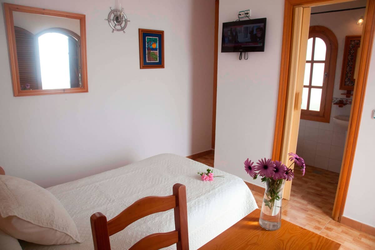 Une chambre à coucher comprenant un lit, une chaise en bois, un vase avec des fleurs, un téléviseur et une porte donnant sur une salle de bain.