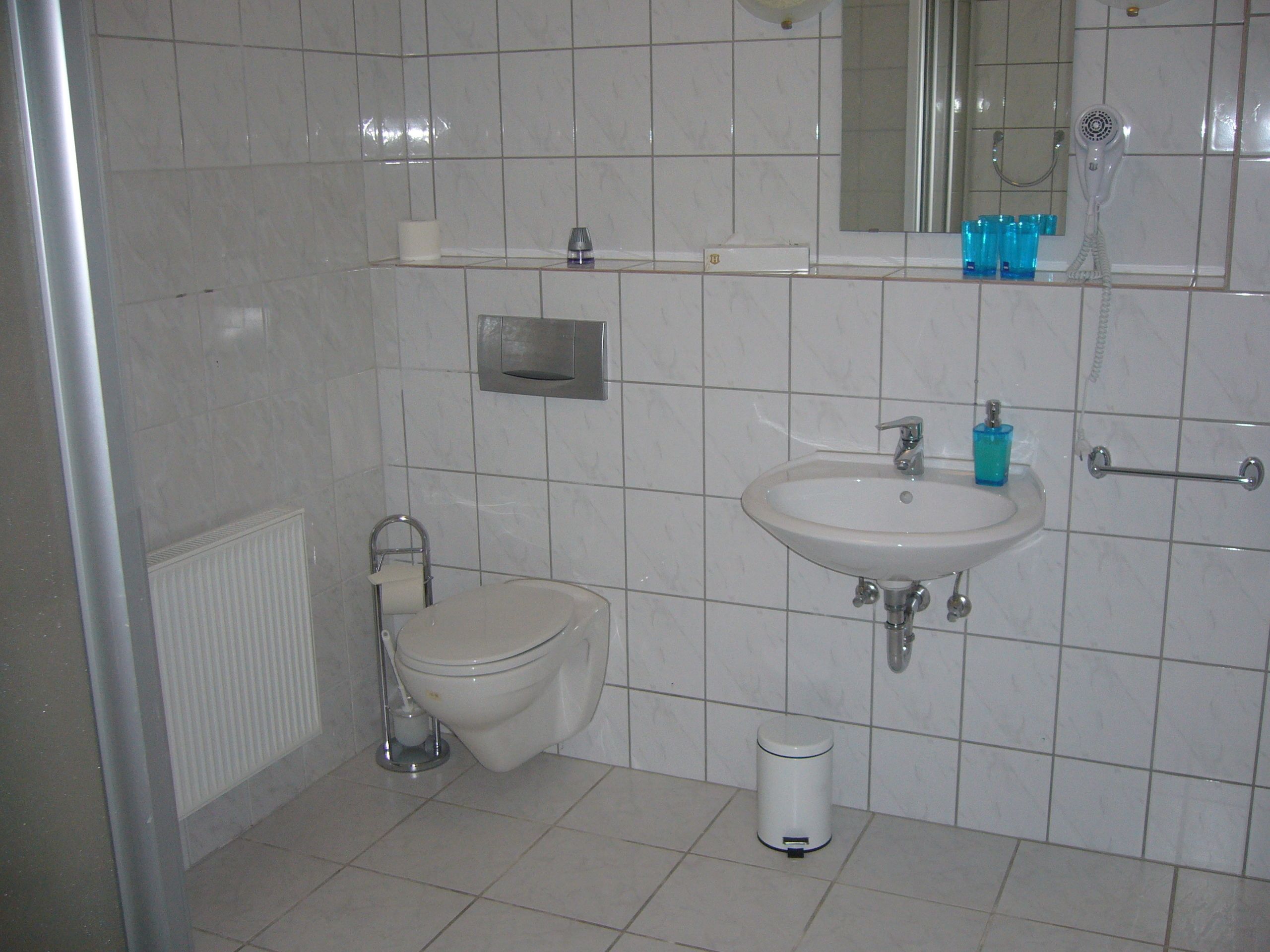 Une salle de bain comprenant des toilettes, un bidet, un lavabo et un miroir au-dessus du lavabo.