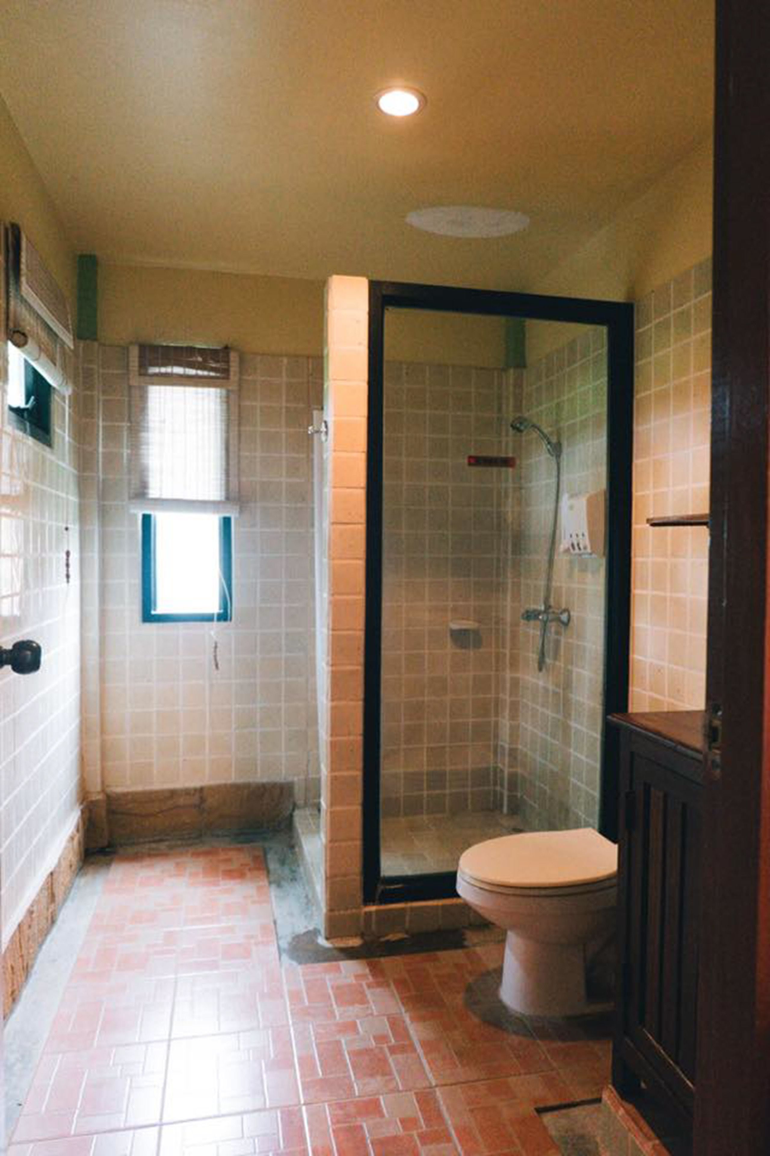A bathroom with a shower, toilet, and a small window.