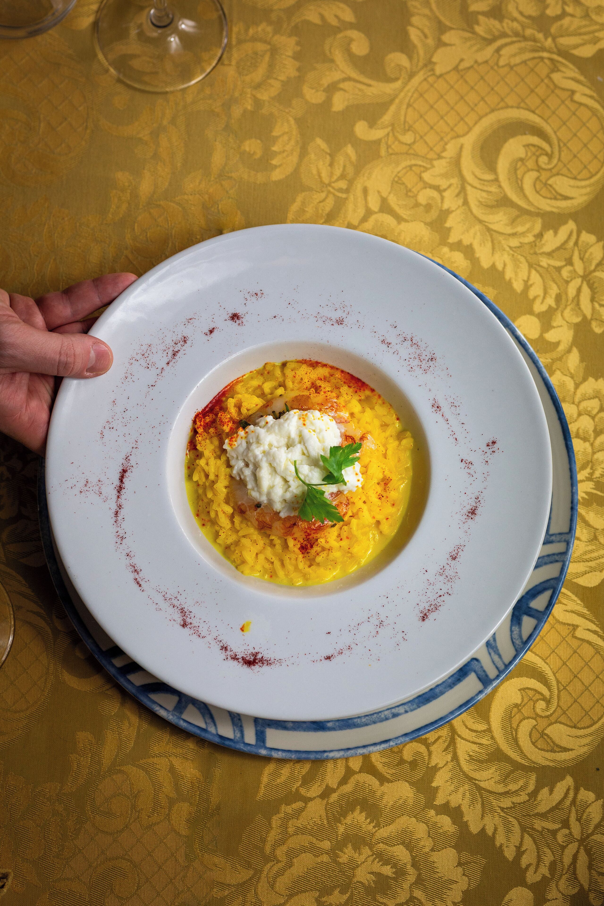 A plate of food with a garnish, held by a hand, on a table with a patterned tablecloth.