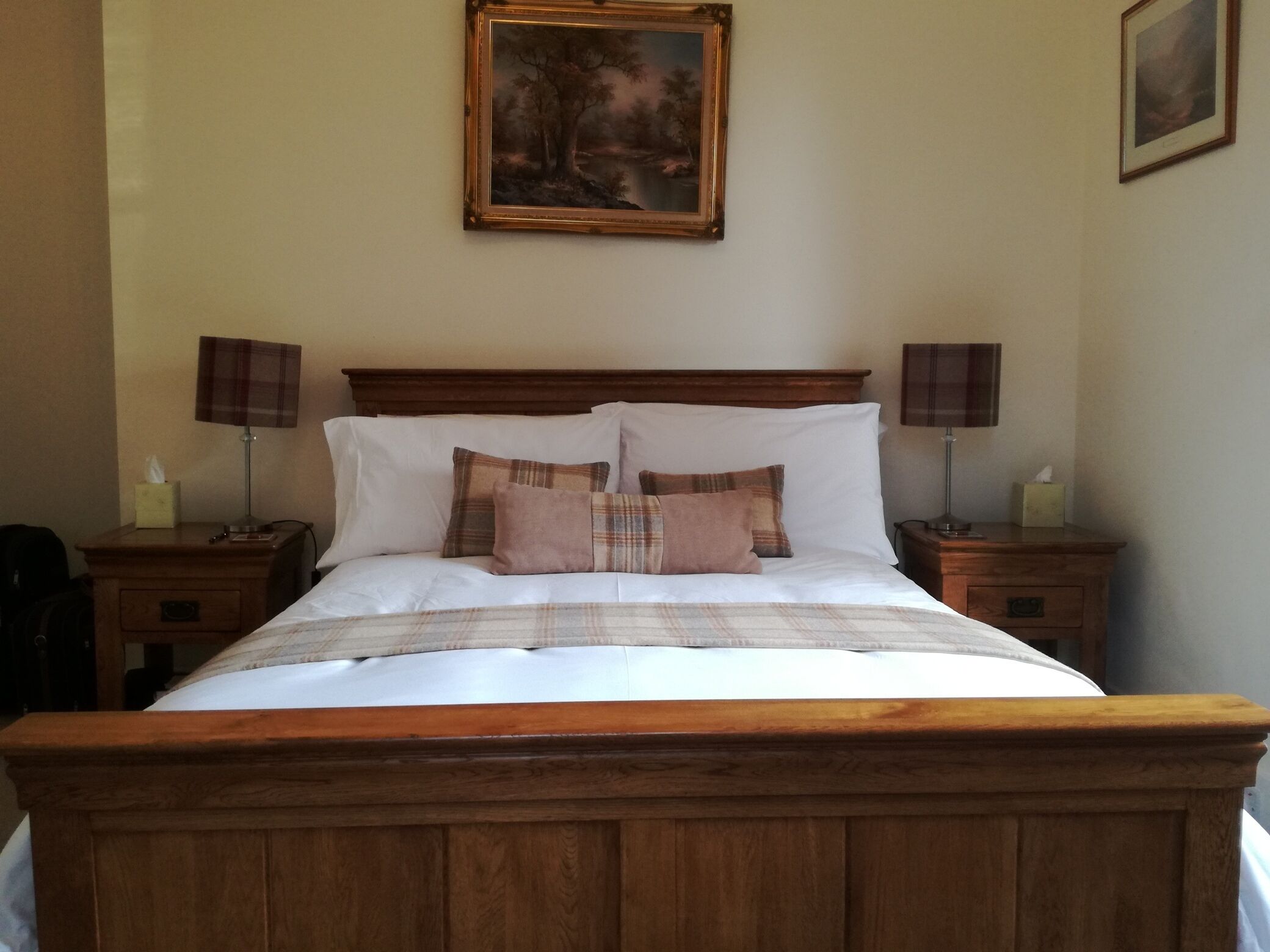 A neatly made bed with a wooden headboard, two bedside tables with lamps, and a painting on the wall.