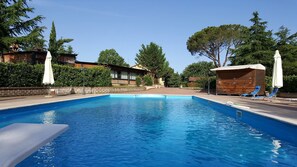 Seasonal outdoor pool, pool umbrellas, pool loungers
