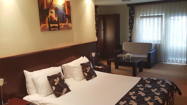 A hotel room with a large bed, a chair, a small table, and a painting on the wall. - Hotel Contact (Belgrade)