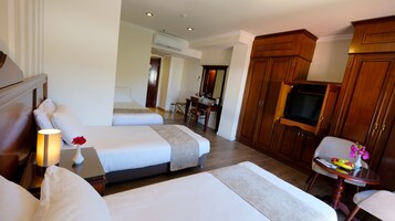 Habitación de hotel con dos camas, un escritorio, un televisor y armarios de madera.