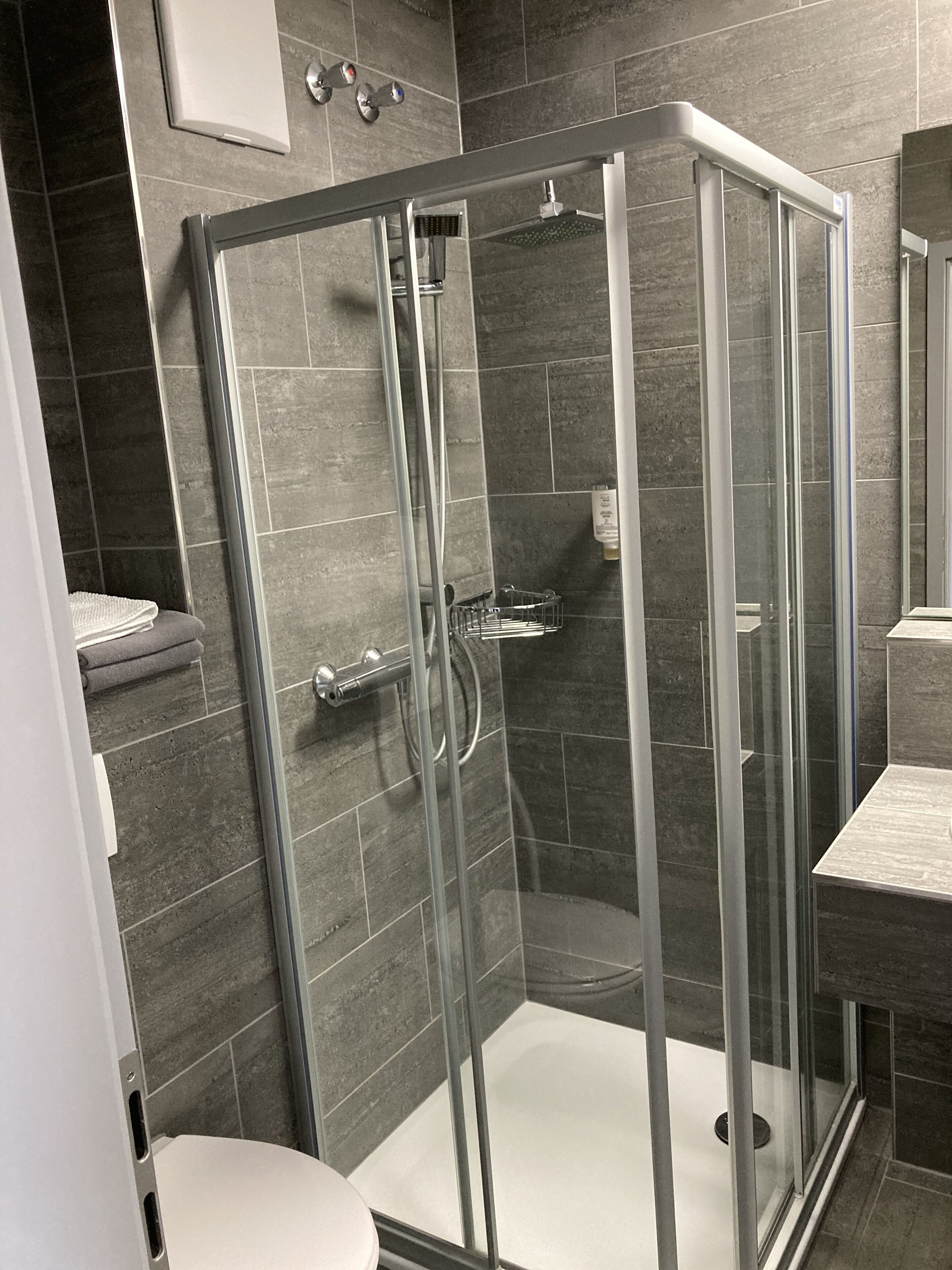 standard single room | bathroom | shower, free toiletries, hair dryer, towels
