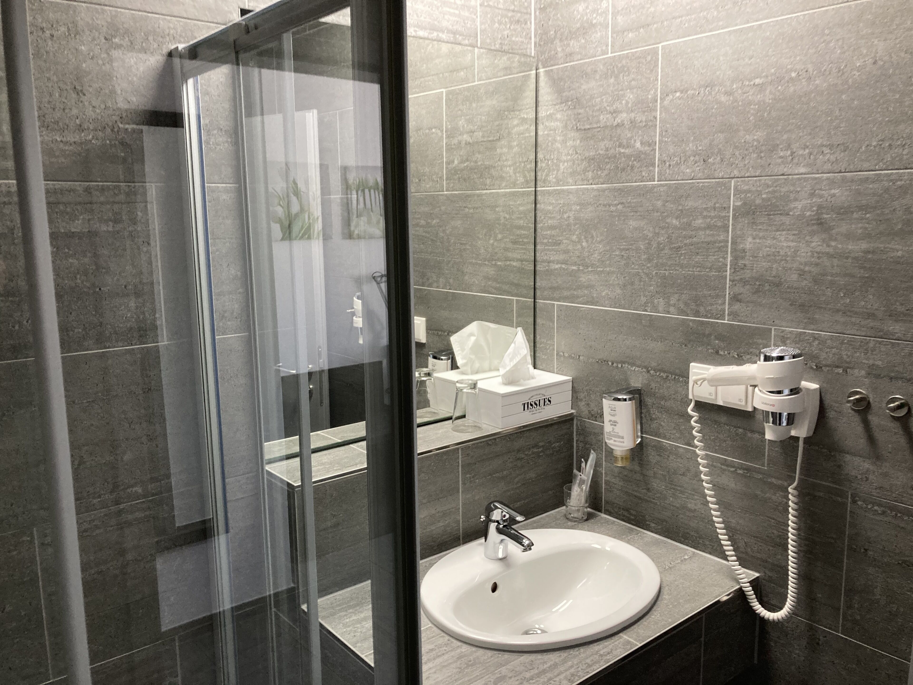 standard single room | bathroom | shower, free toiletries, hair dryer, towels