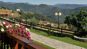 A wooden balcony with a stone pathway leading to a mountain view.