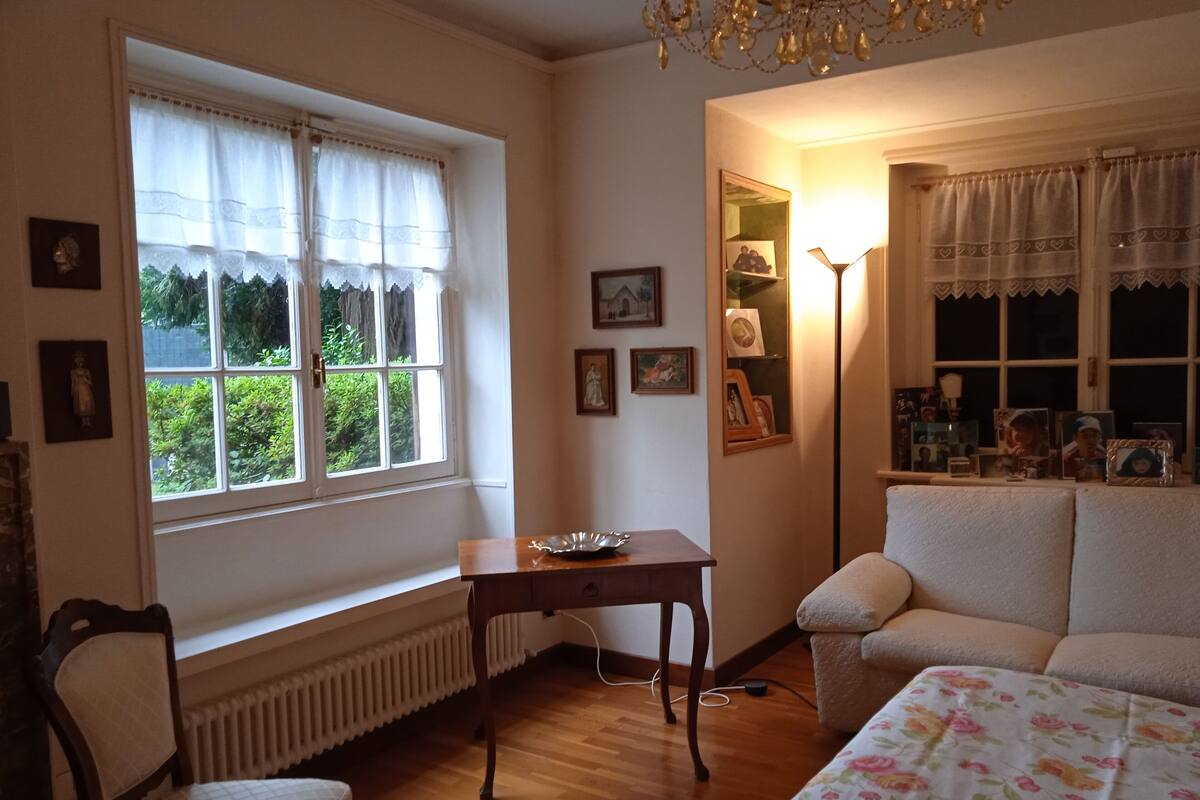 A cozy room with a wooden floor, a sofa, a table, and a radiator.