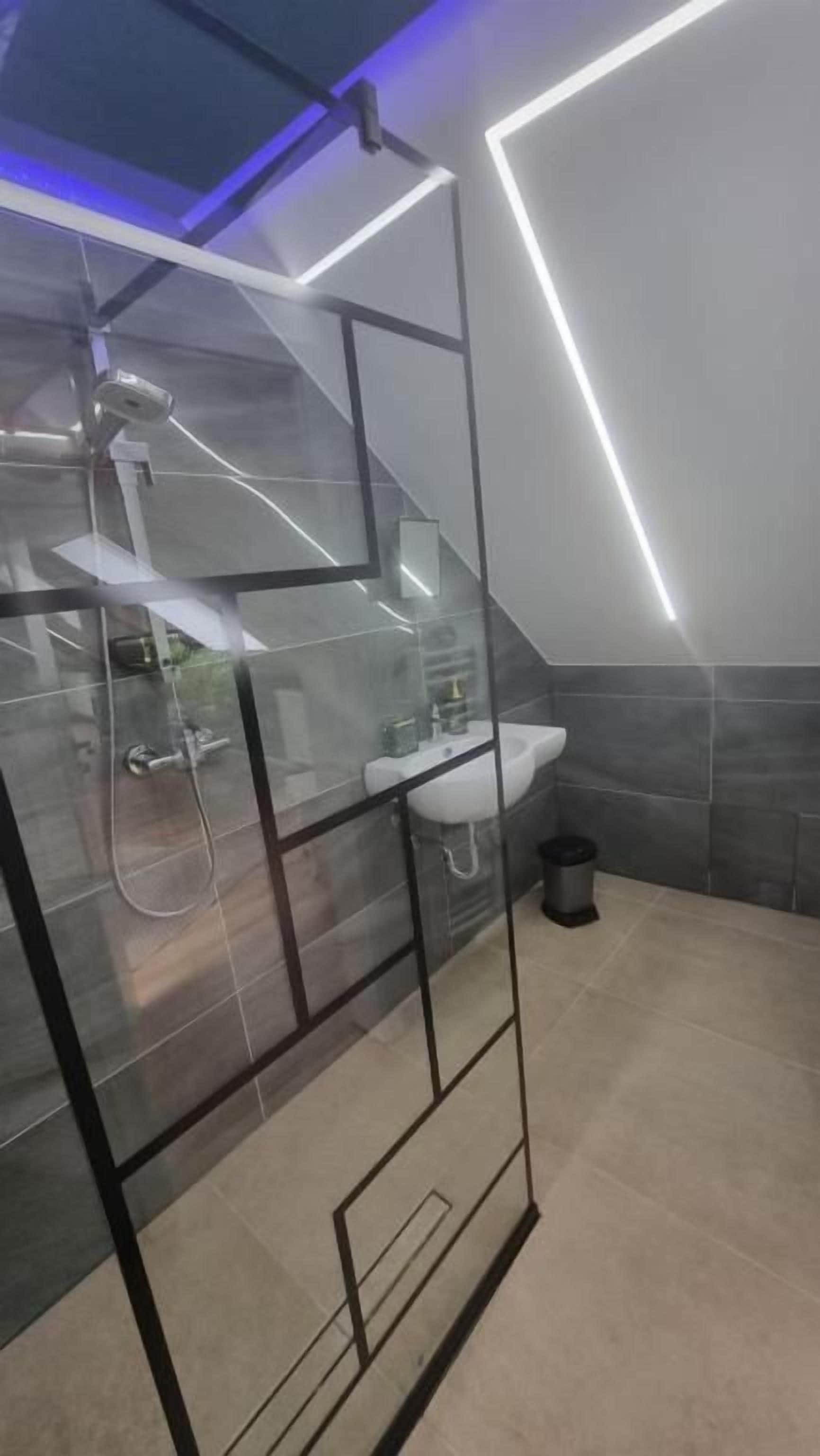 Une salle de bain moderne avec une douche à parois de verre, un lavabo blanc et des murs recouverts de carreaux foncés.