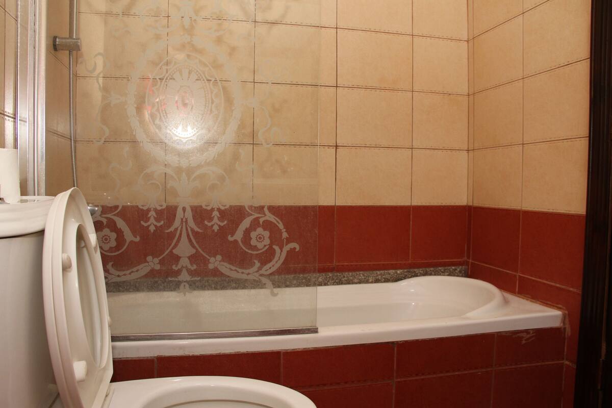Uma casa de banho com sanita, banheira e chuveiro.